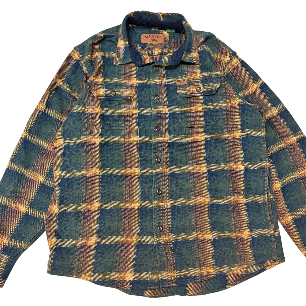 Orvis Shirt Mens Large Green Shadow Plaid Flannel Long Sleeve Button up Outdoor